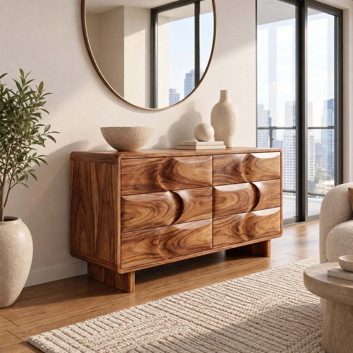 Contemporary Wooden Dresser With Wave Carved Drawer Pair For Bedroom