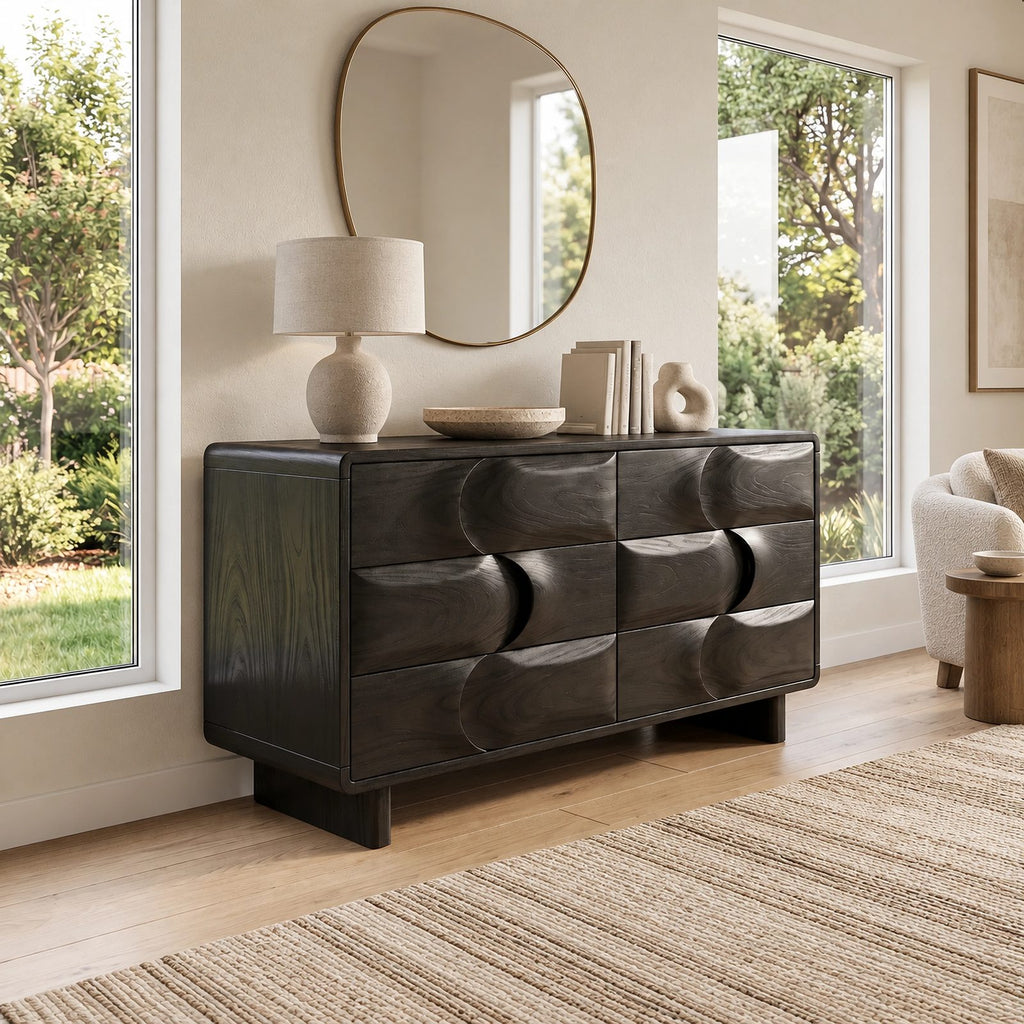 Contemporary Wooden Dresser With Wave Carved Drawer Pair For Bedroom