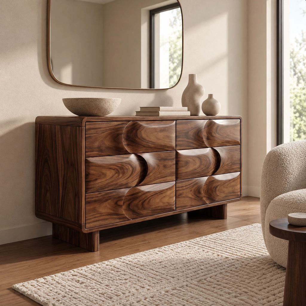 Contemporary Wooden Dresser With Wave Carved Drawer Pair For Bedroom