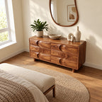 Contemporary Wooden Dresser With Wave Carved Drawer Pair For Bedroom