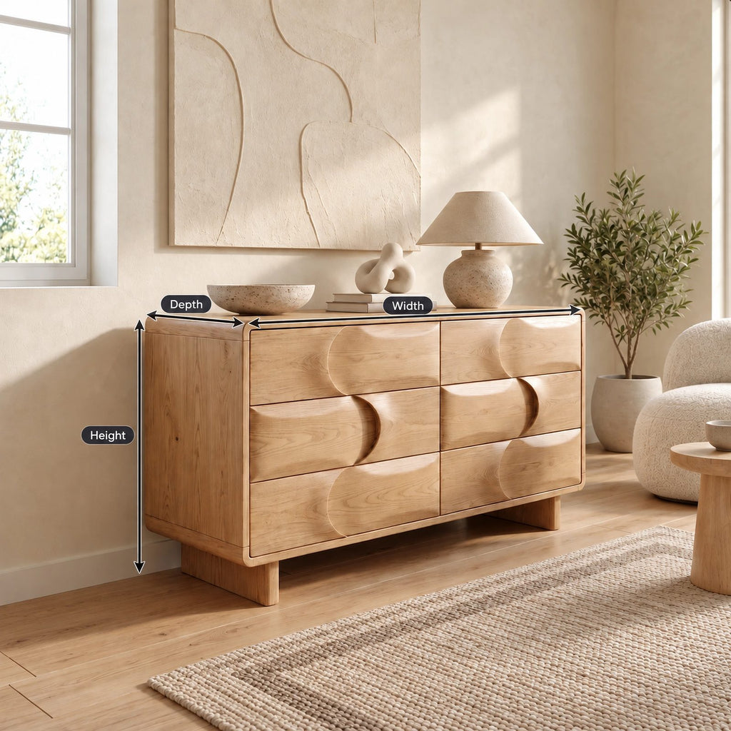 Contemporary Wooden Dresser With Wave Carved Drawer Pair For Bedroom