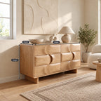 Contemporary Wooden Dresser With Wave Carved Drawer Pair For Bedroom