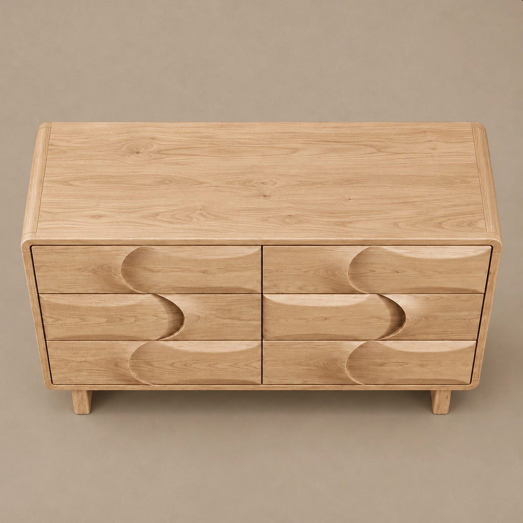 Contemporary Wooden Dresser With Wave Carved Drawer Pair For Bedroom