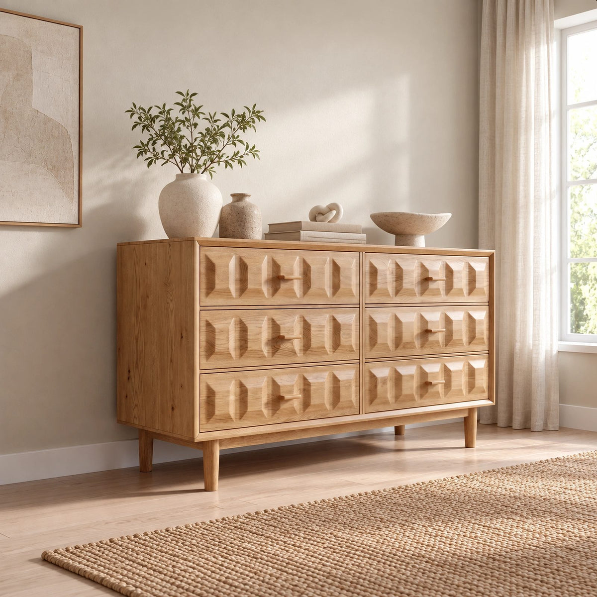 Handcrafted Wooden Dresser With Carved Chevron Relief Front For Bedroom