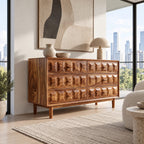 Handcrafted Wooden Dresser With Carved Chevron Relief Front For Bedroom