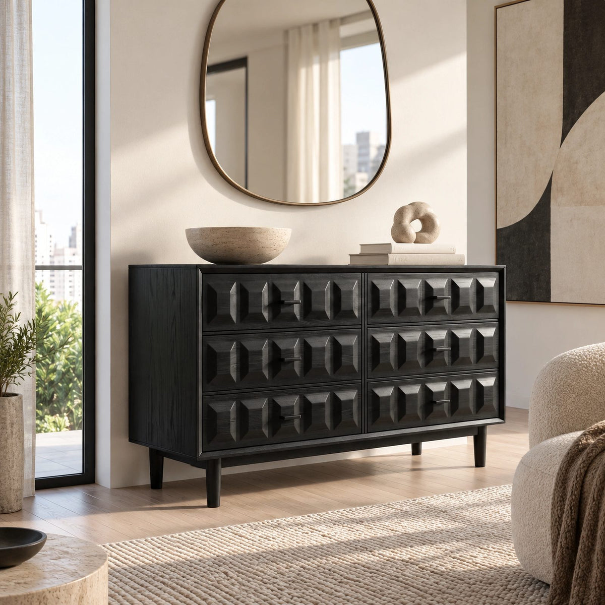 Handcrafted Wooden Dresser With Carved Chevron Relief Front For Bedroom