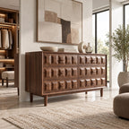 Handcrafted Wooden Dresser With Carved Chevron Relief Front For Bedroom