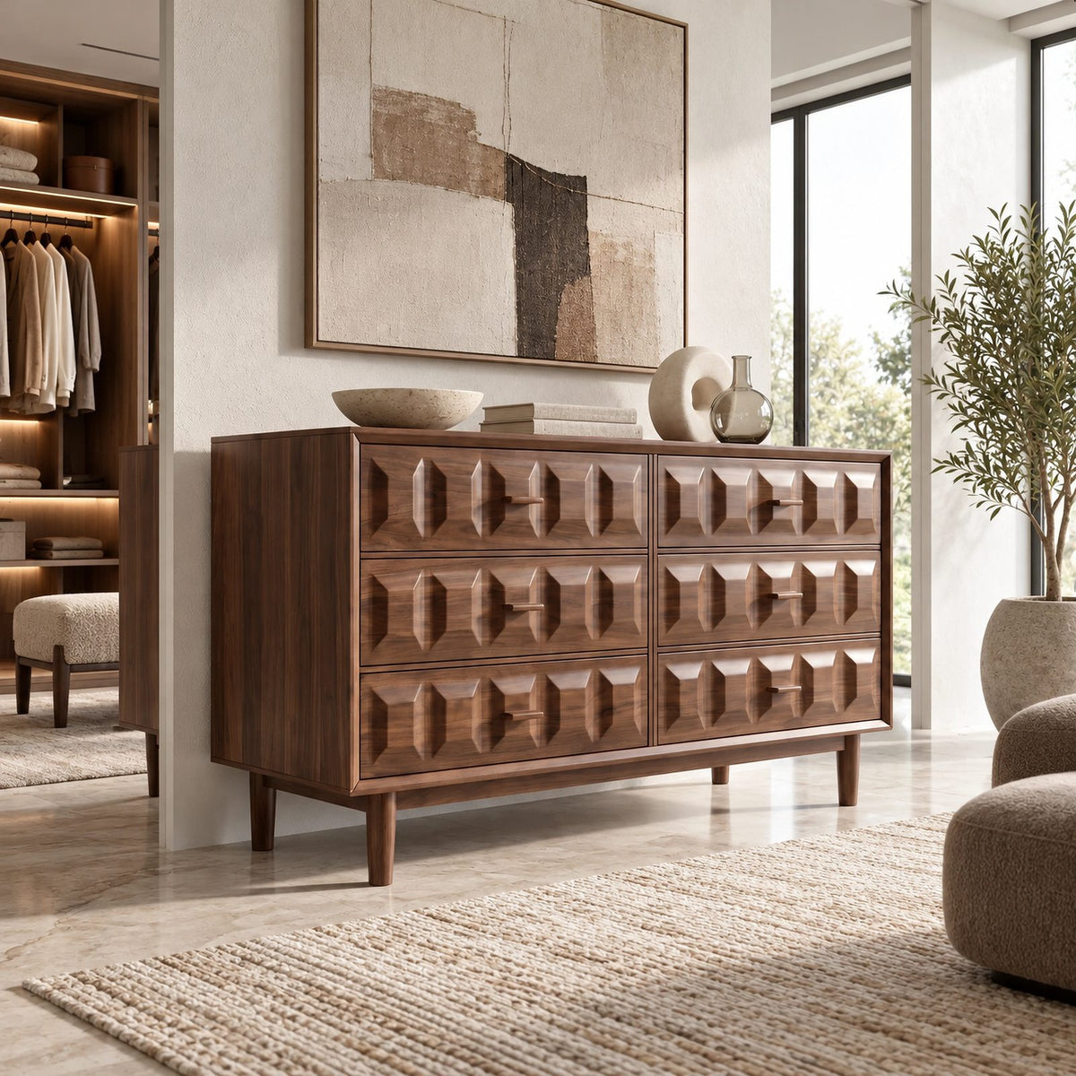 Handcrafted Wooden Dresser With Carved Chevron Relief Front For Bedroom