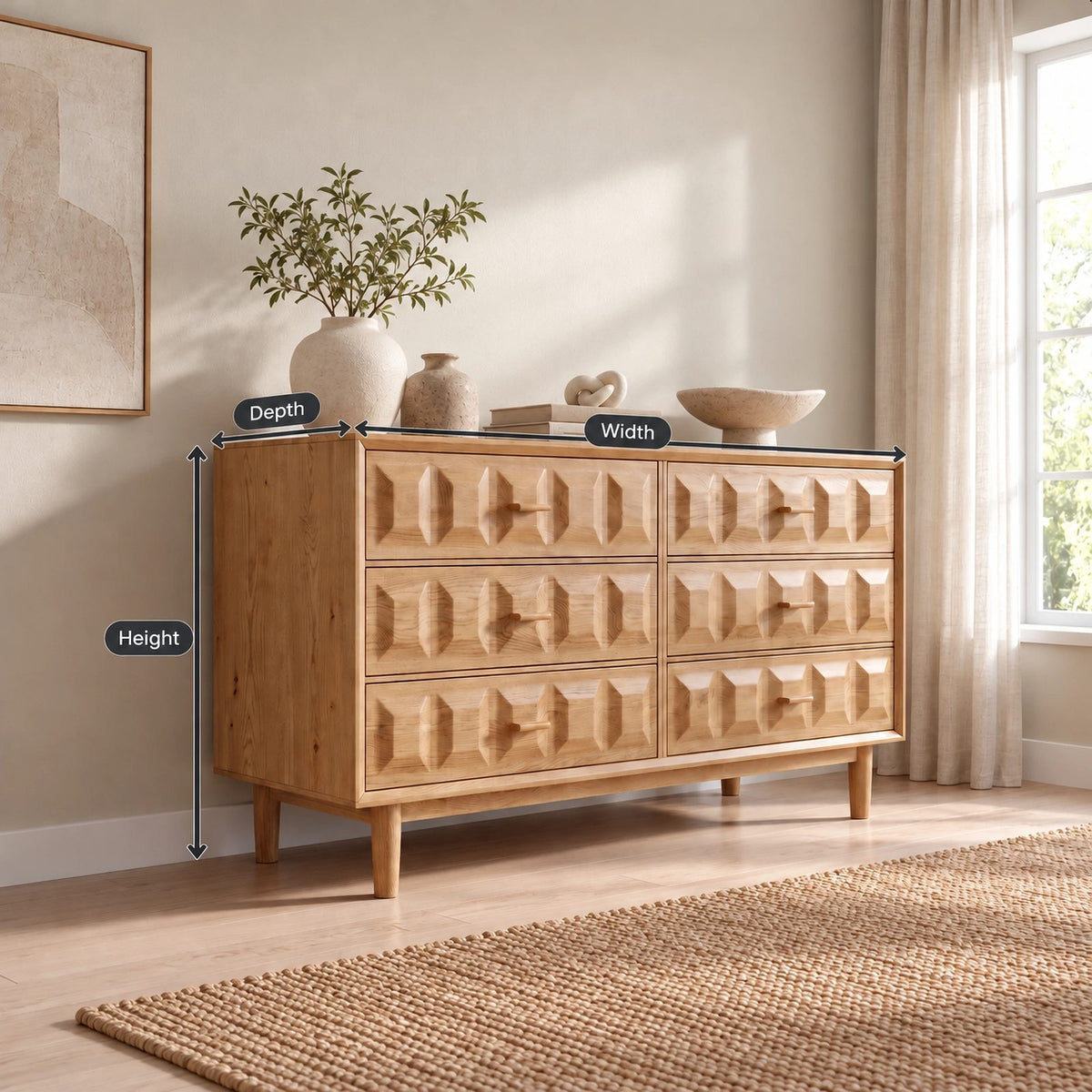 Handcrafted Wooden Dresser With Carved Chevron Relief Front For Bedroom
