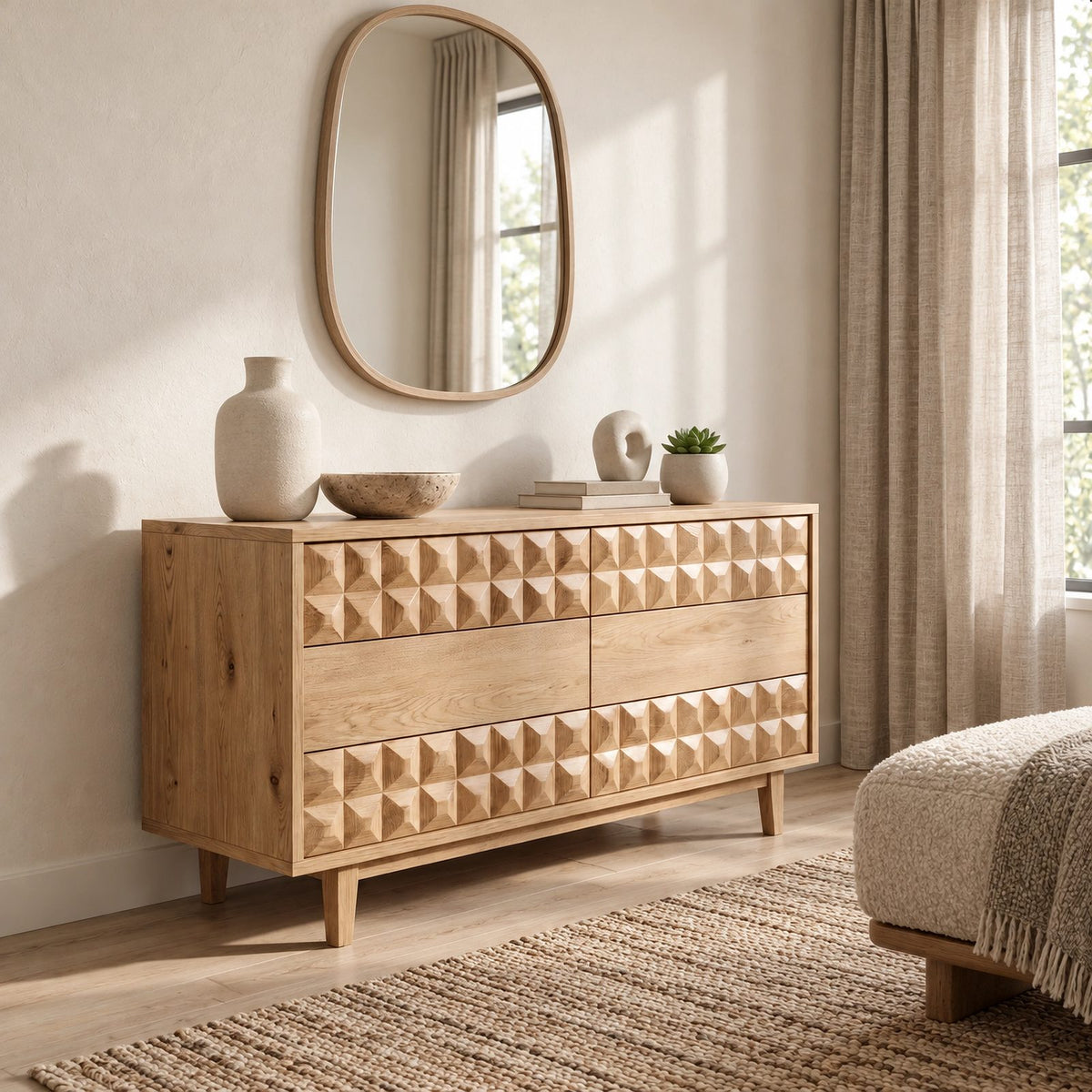 Modern Sculpted Wood Dresser With Geometric Drawer Fronts For Bedroom