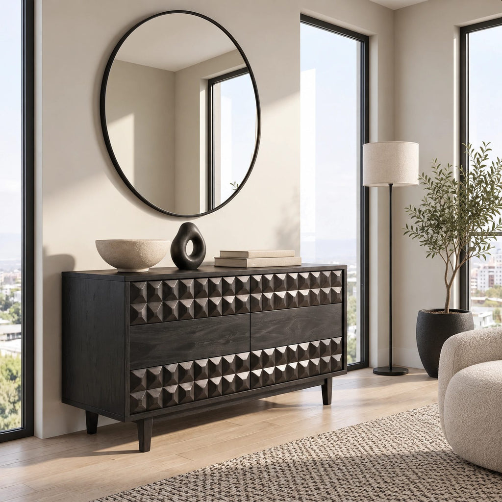 Modern Sculpted Wood Dresser With Geometric Drawer Fronts For Bedroom