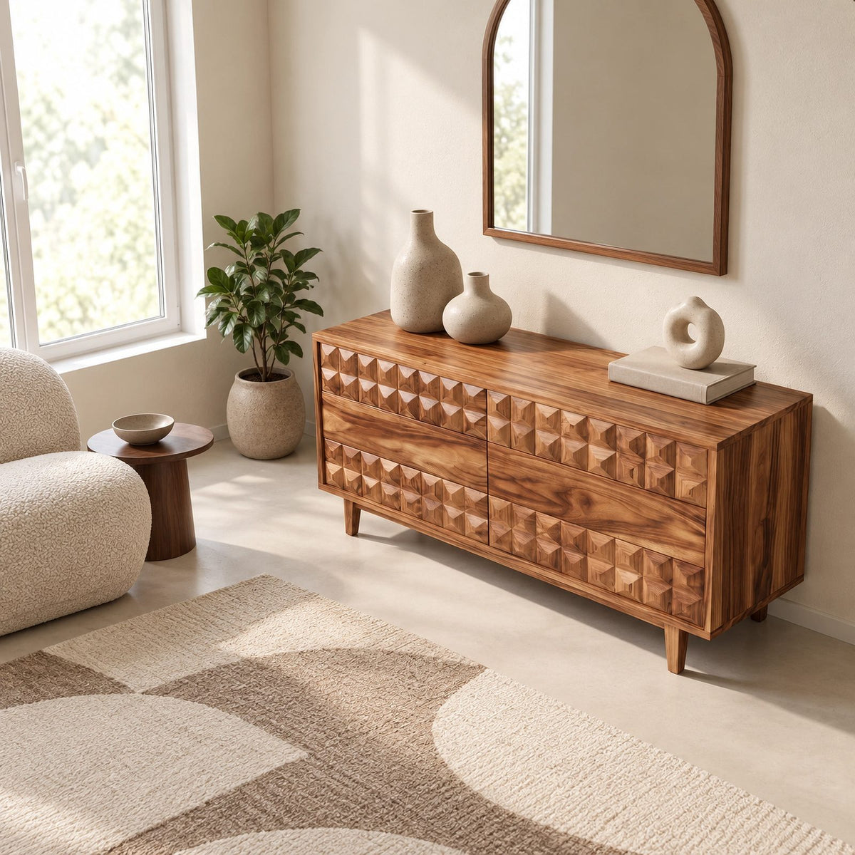 Modern Sculpted Wood Dresser With Geometric Drawer Fronts For Bedroom