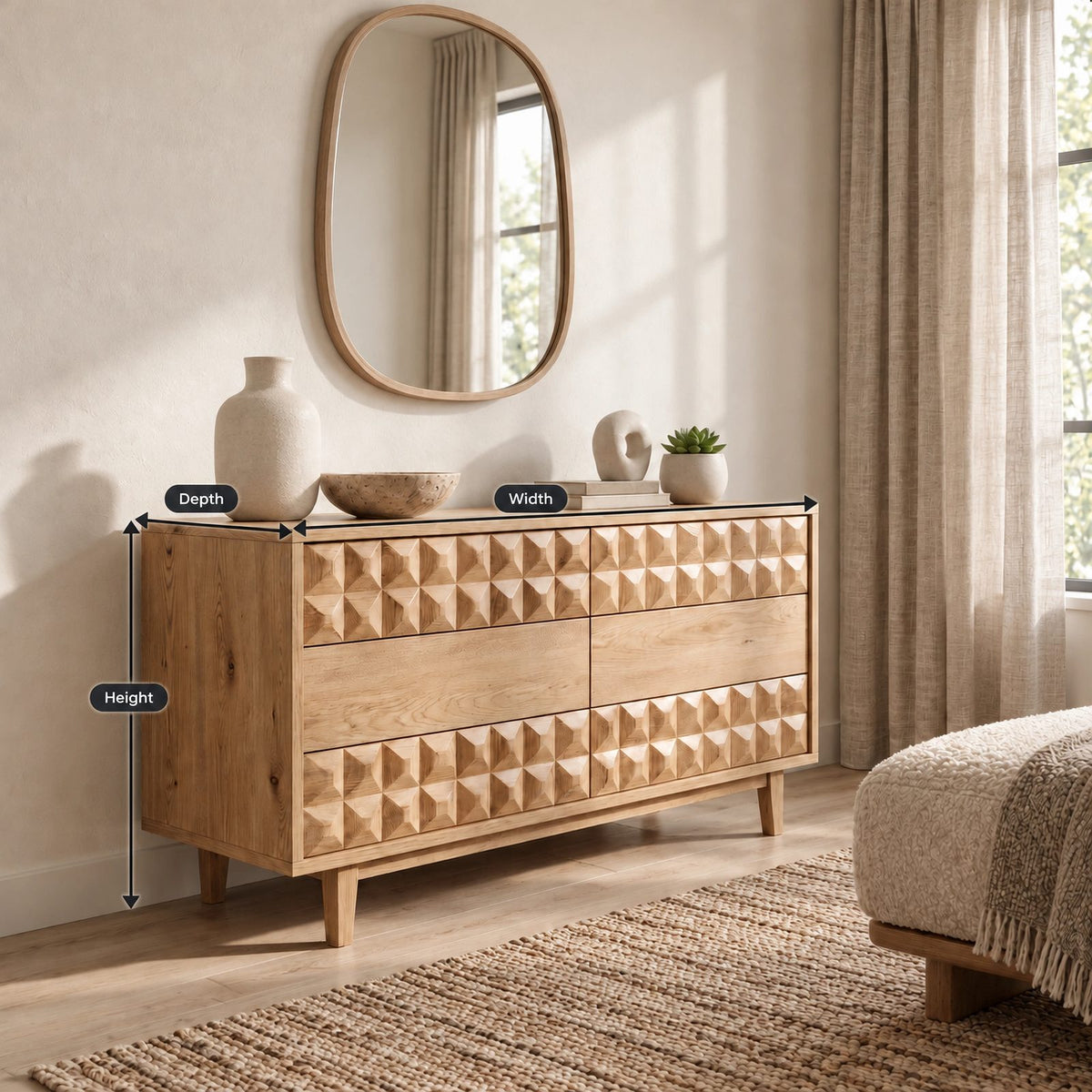 Modern Sculpted Wood Dresser With Geometric Drawer Fronts For Bedroom