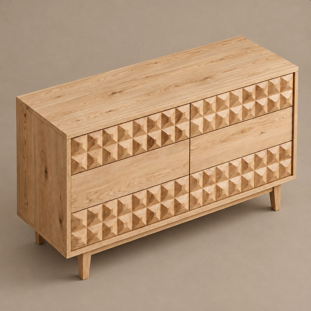 Modern Sculpted Wood Dresser With Geometric Drawer Fronts For Bedroom