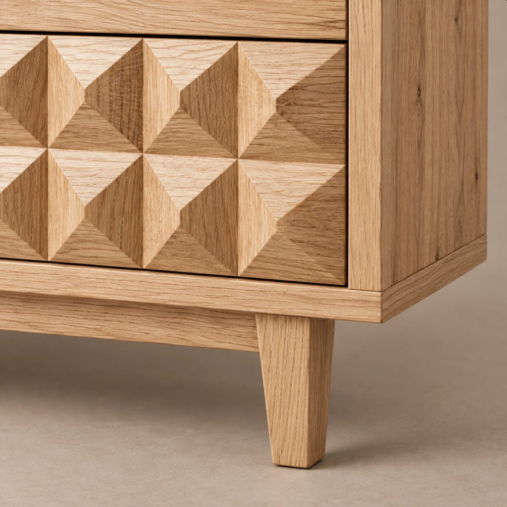 Modern Sculpted Wood Dresser With Geometric Drawer Fronts For Bedroom