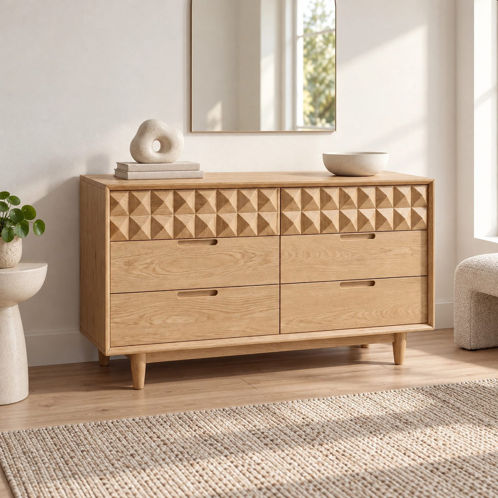 Contemporary Faceted Wood Dresser With Diamond Carved Drawers For Bedroom