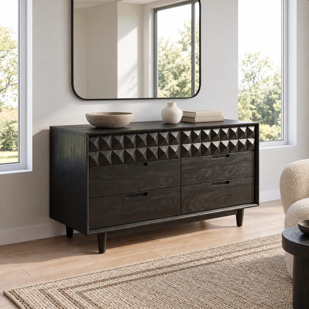 Contemporary Faceted Wood Dresser With Diamond Carved Drawers For Bedroom