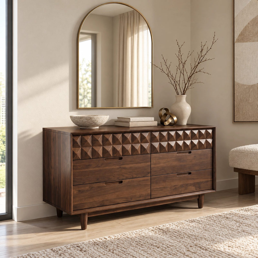 Contemporary Faceted Wood Dresser With Diamond Carved Drawers For Bedroom