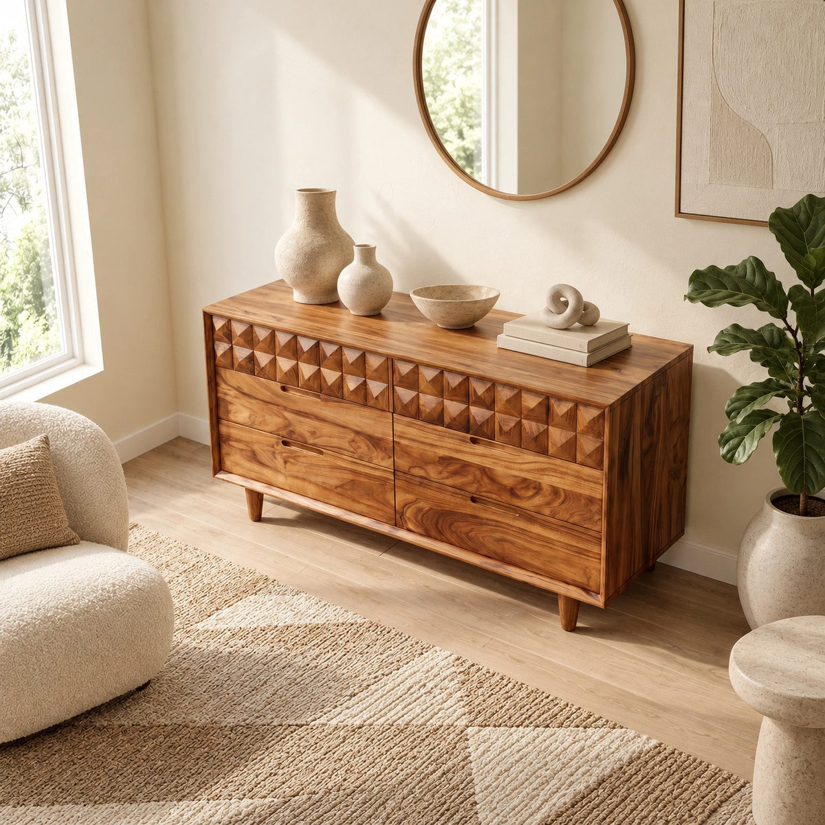 Contemporary Faceted Wood Dresser With Diamond Carved Drawers For Bedroom