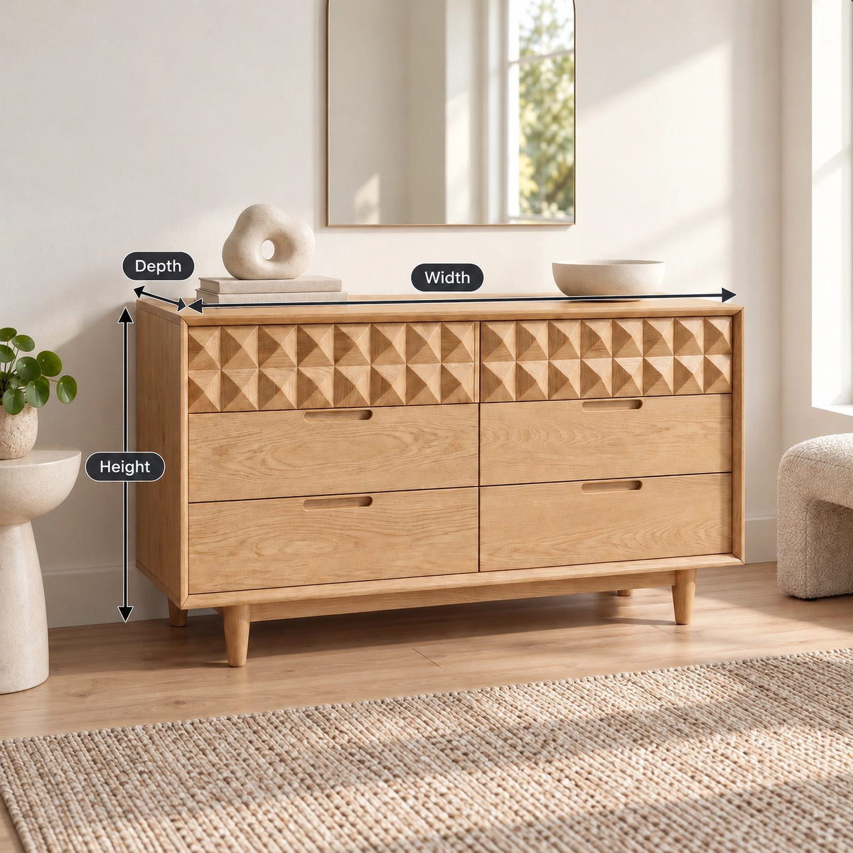 Contemporary Faceted Wood Dresser With Diamond Carved Drawers For Bedroom