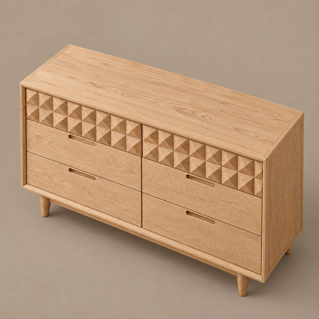 Contemporary Faceted Wood Dresser With Diamond Carved Drawers For Bedroom