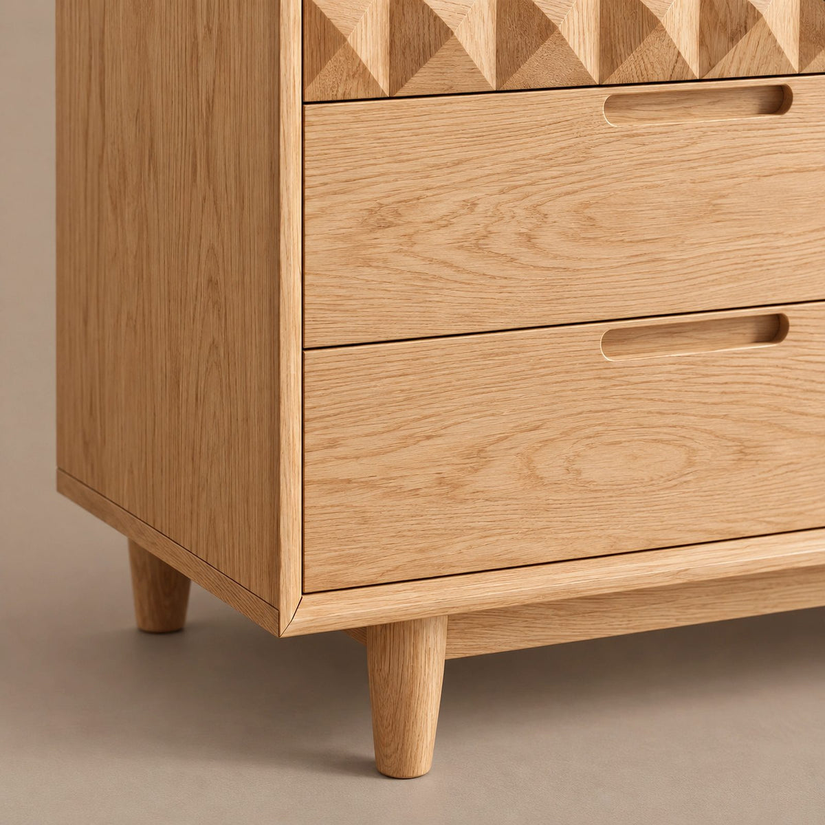 Contemporary Faceted Wood Dresser With Diamond Carved Drawers For Bedroom