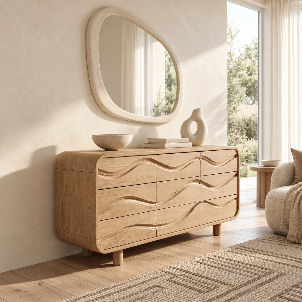 Sculptural Wave Carved Wood Dresser With Curved Drawer Fronts For Bedroom