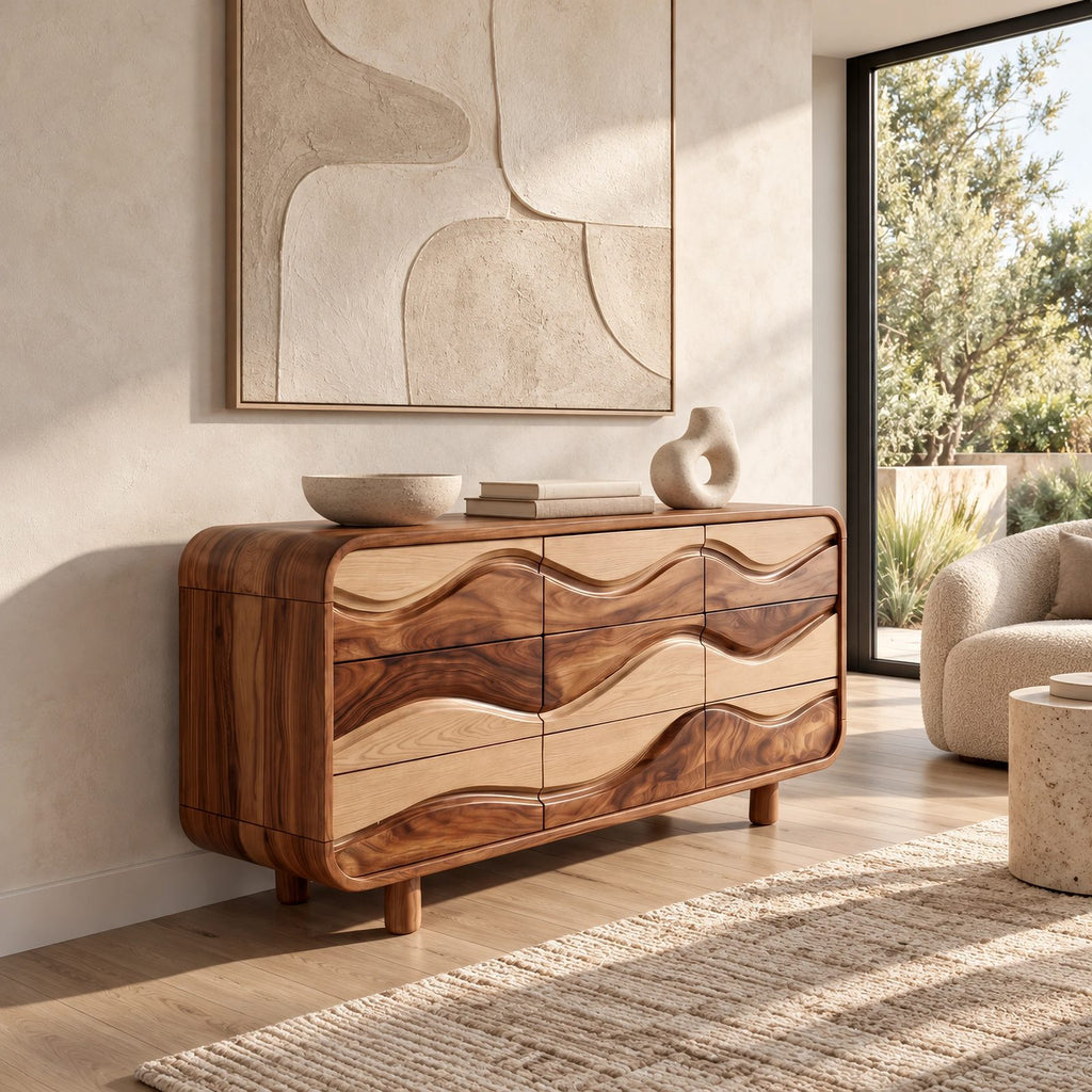 Sculptural Wave Carved Wood Dresser With Curved Drawer Fronts For Bedroom