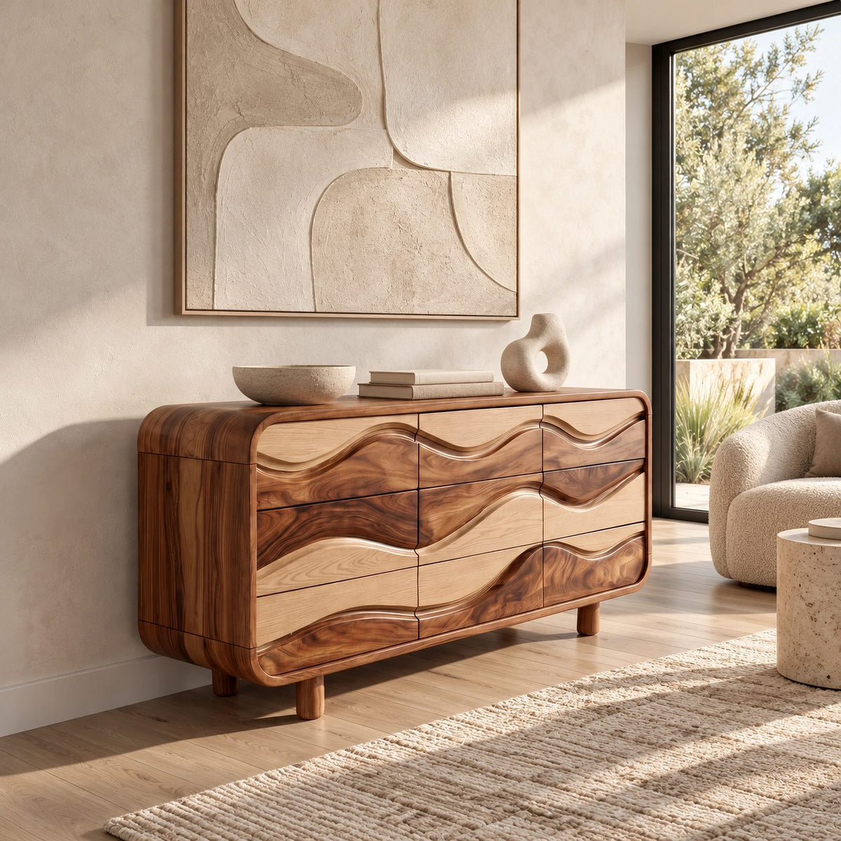 Sculptural Wave Carved Wood Dresser With Curved Drawer Fronts For Bedroom