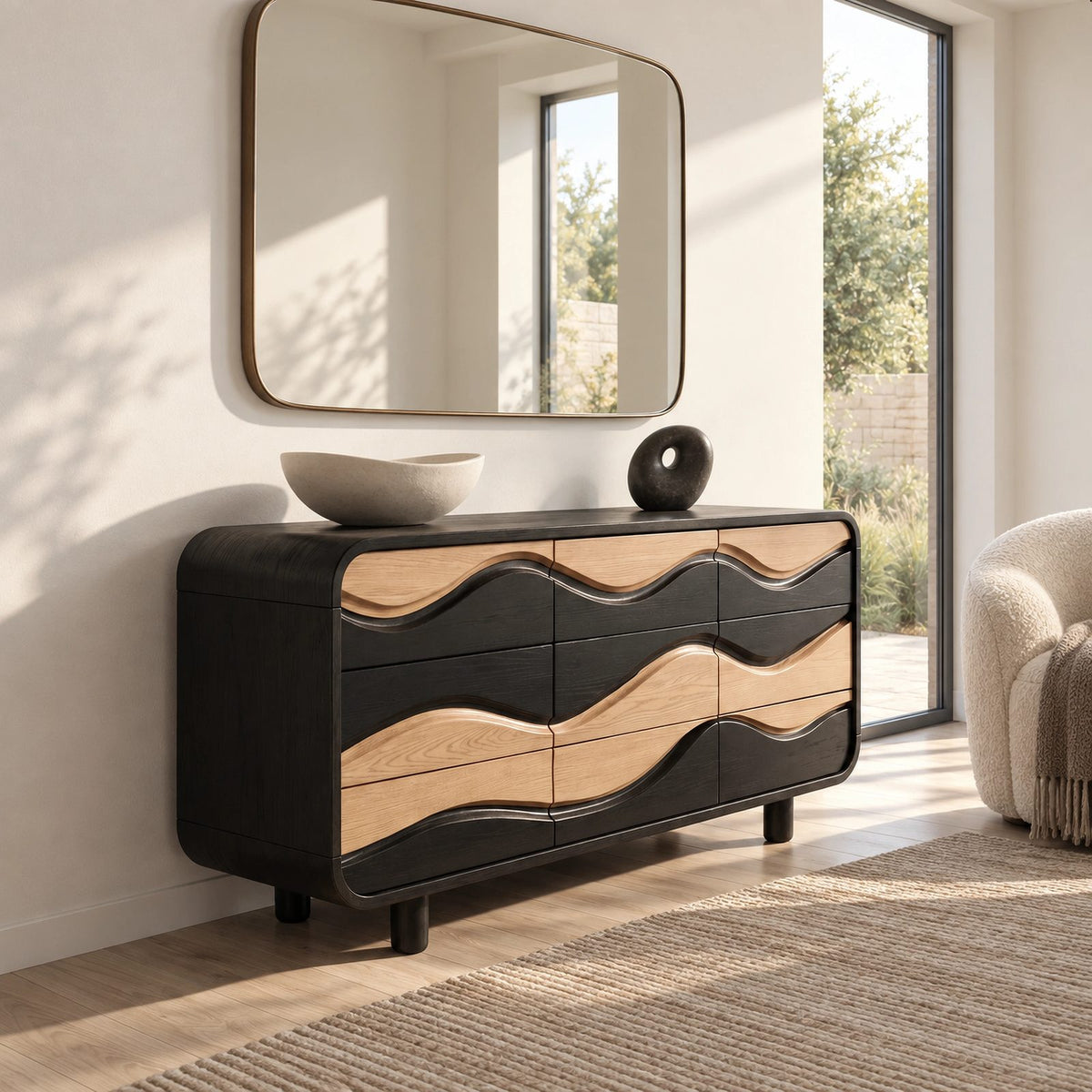 Sculptural Wave Carved Wood Dresser With Curved Drawer Fronts For Bedroom