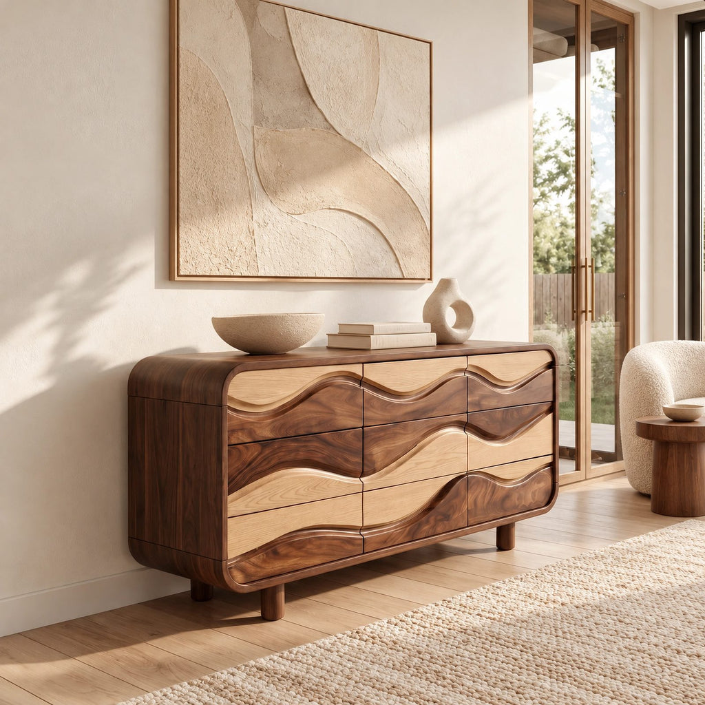 Sculptural Wave Carved Wood Dresser With Curved Drawer Fronts For Bedroom