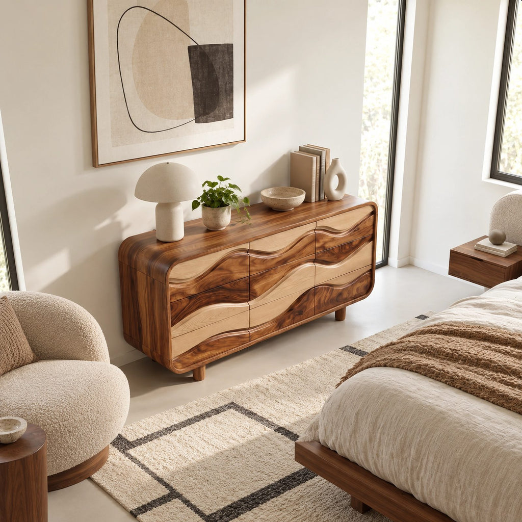 Sculptural Wave Carved Wood Dresser With Curved Drawer Fronts For Bedroom