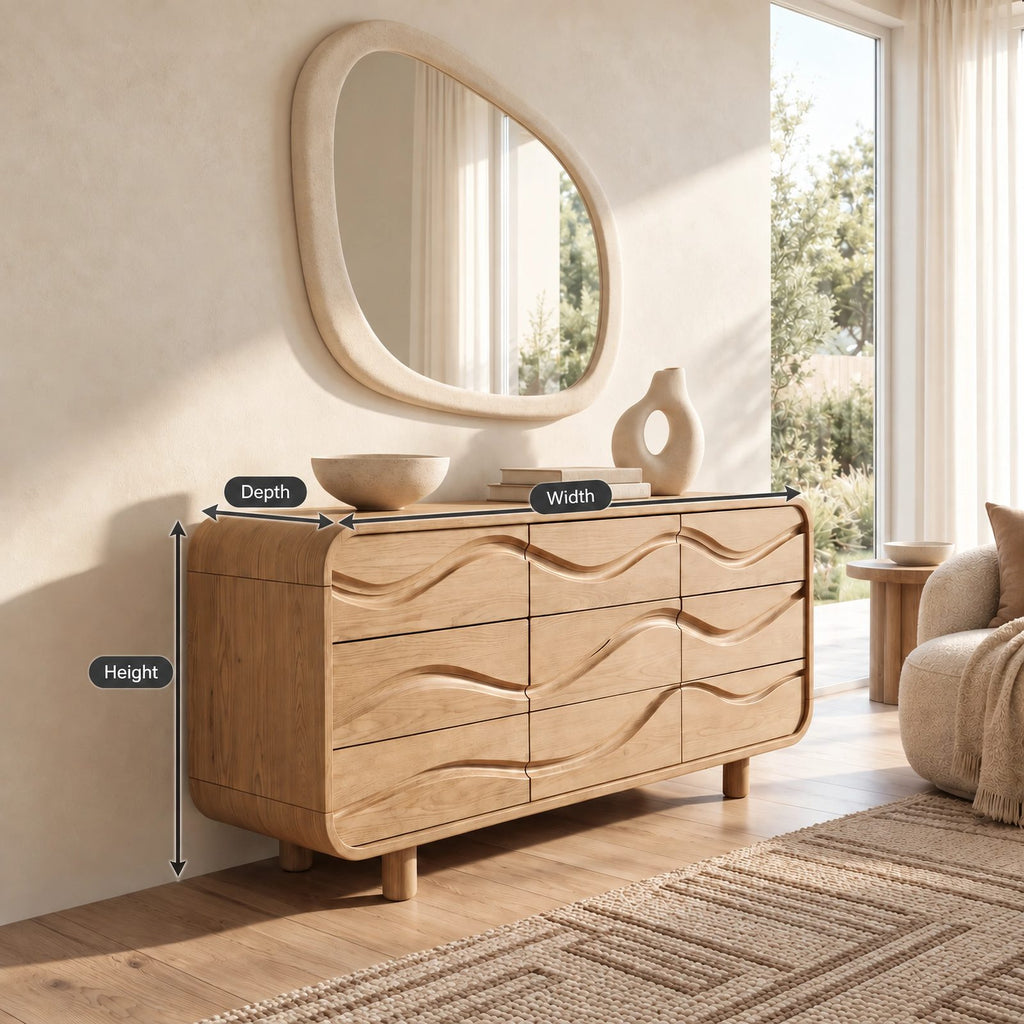 Sculptural Wave Carved Wood Dresser With Curved Drawer Fronts For Bedroom