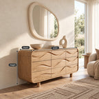 Sculptural Wave Carved Wood Dresser With Curved Drawer Fronts For Bedroom