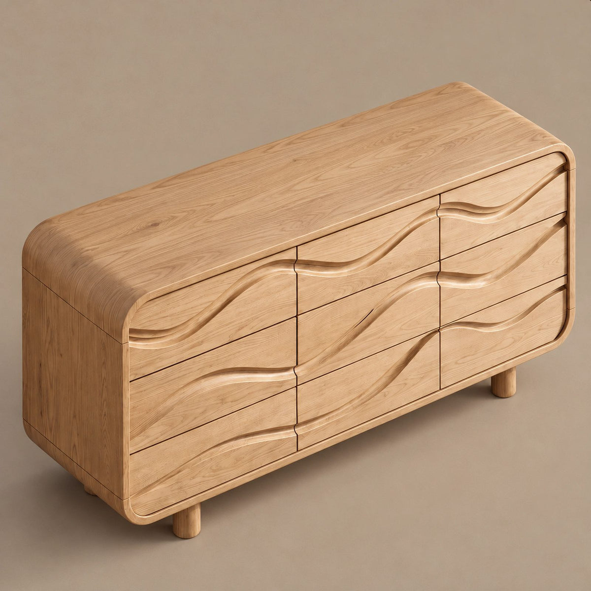 Sculptural Wave Carved Wood Dresser With Curved Drawer Fronts For Bedroom
