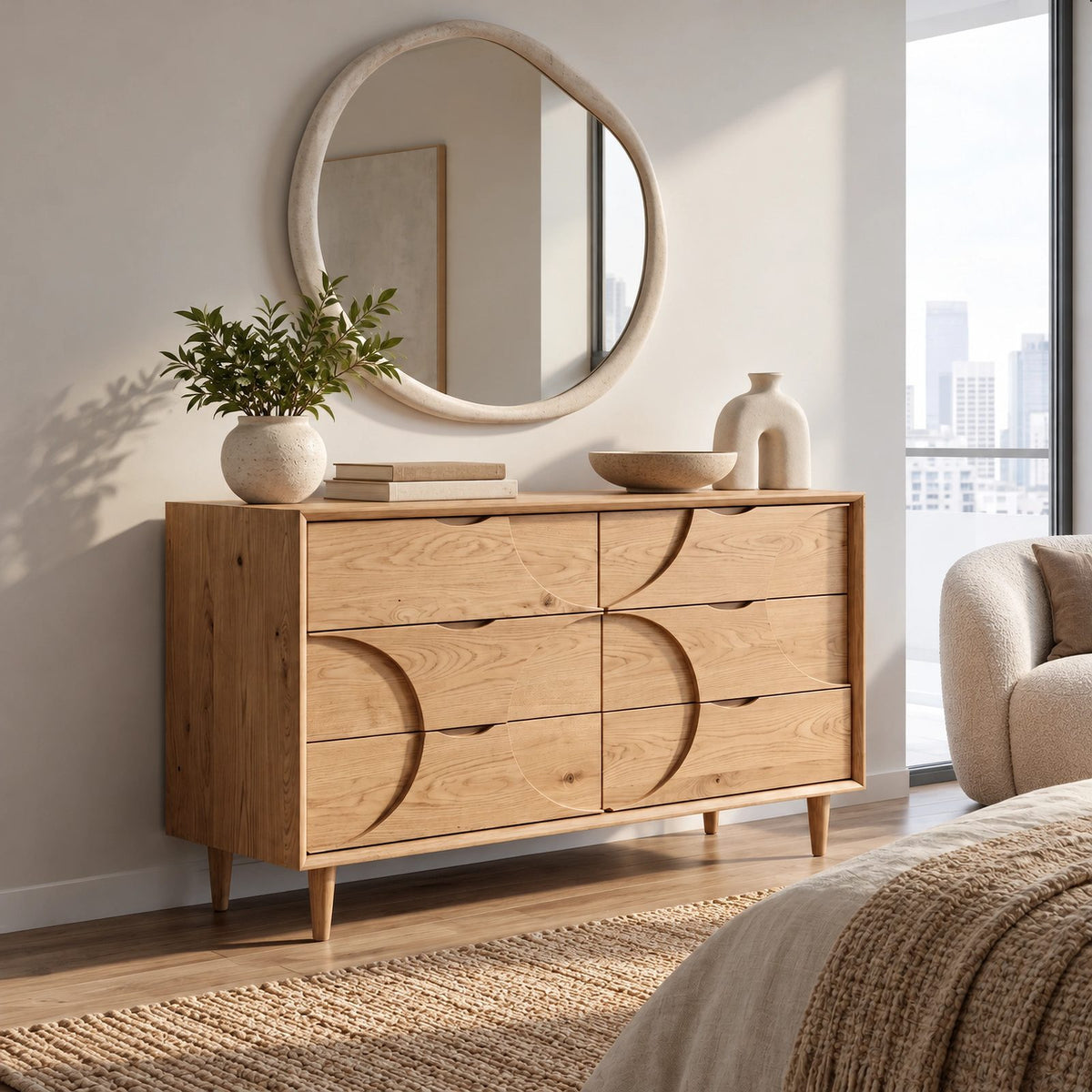 Mid Century Wood Dresser With Interlocking Circle Drawers For Bedroom