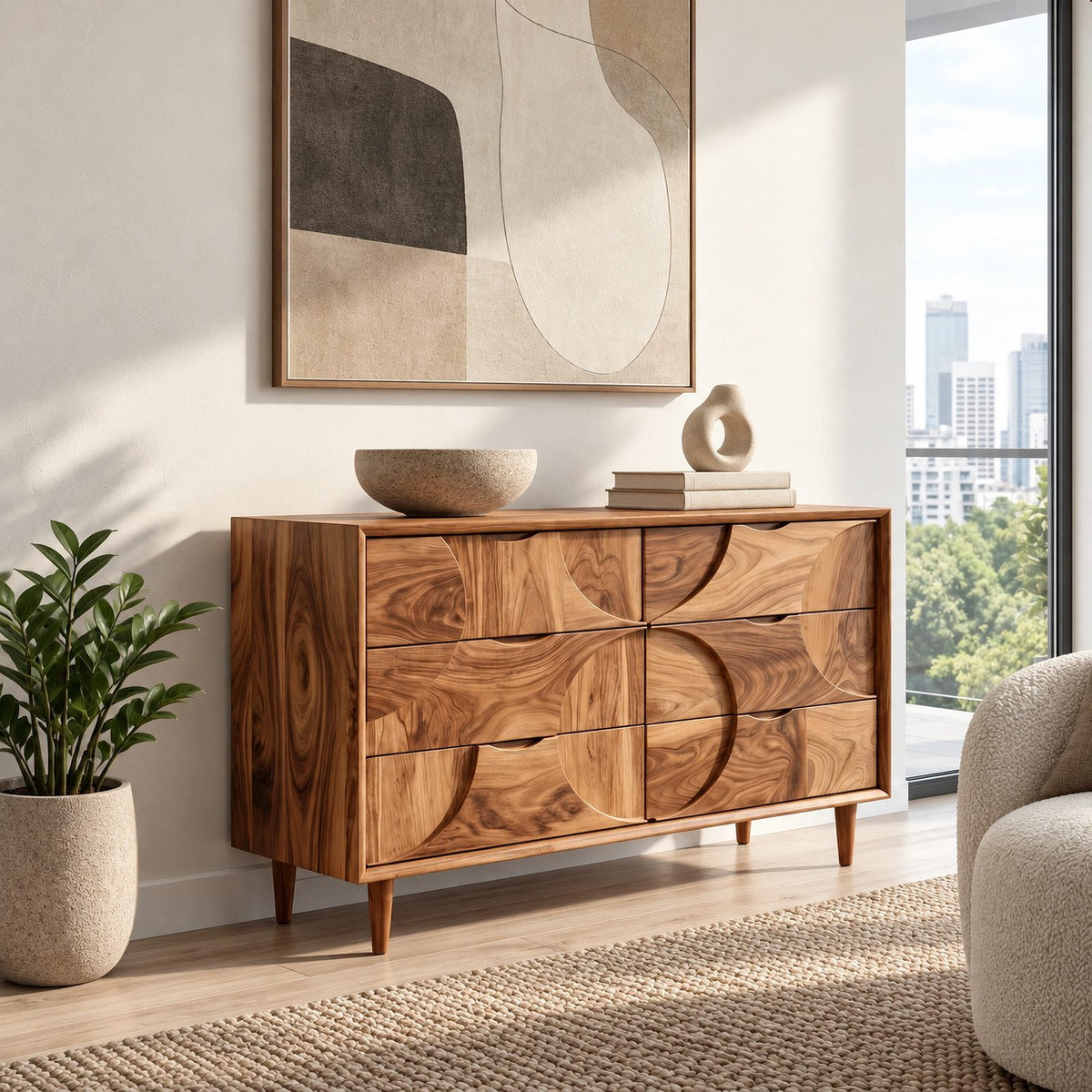Mid Century Wood Dresser With Interlocking Circle Drawers For Bedroom