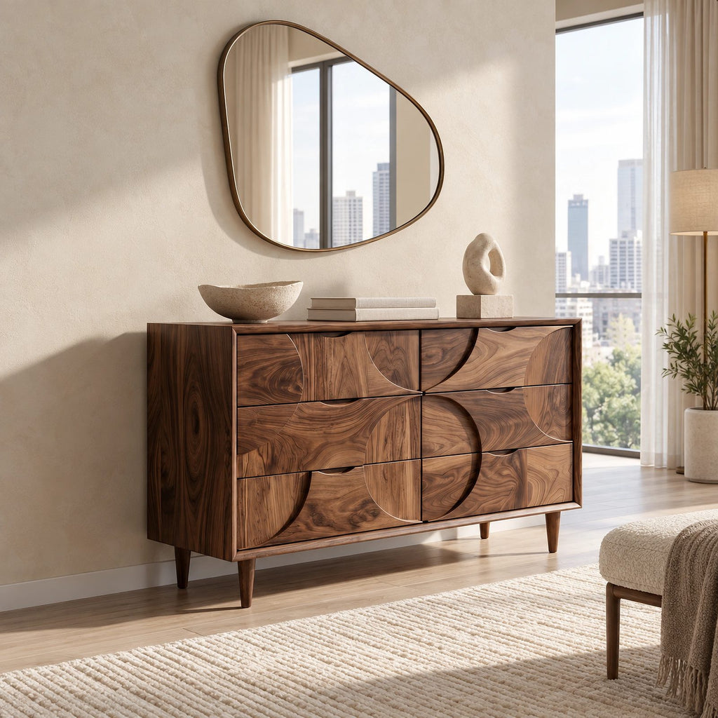 Mid Century Wood Dresser With Interlocking Circle Drawers For Bedroom