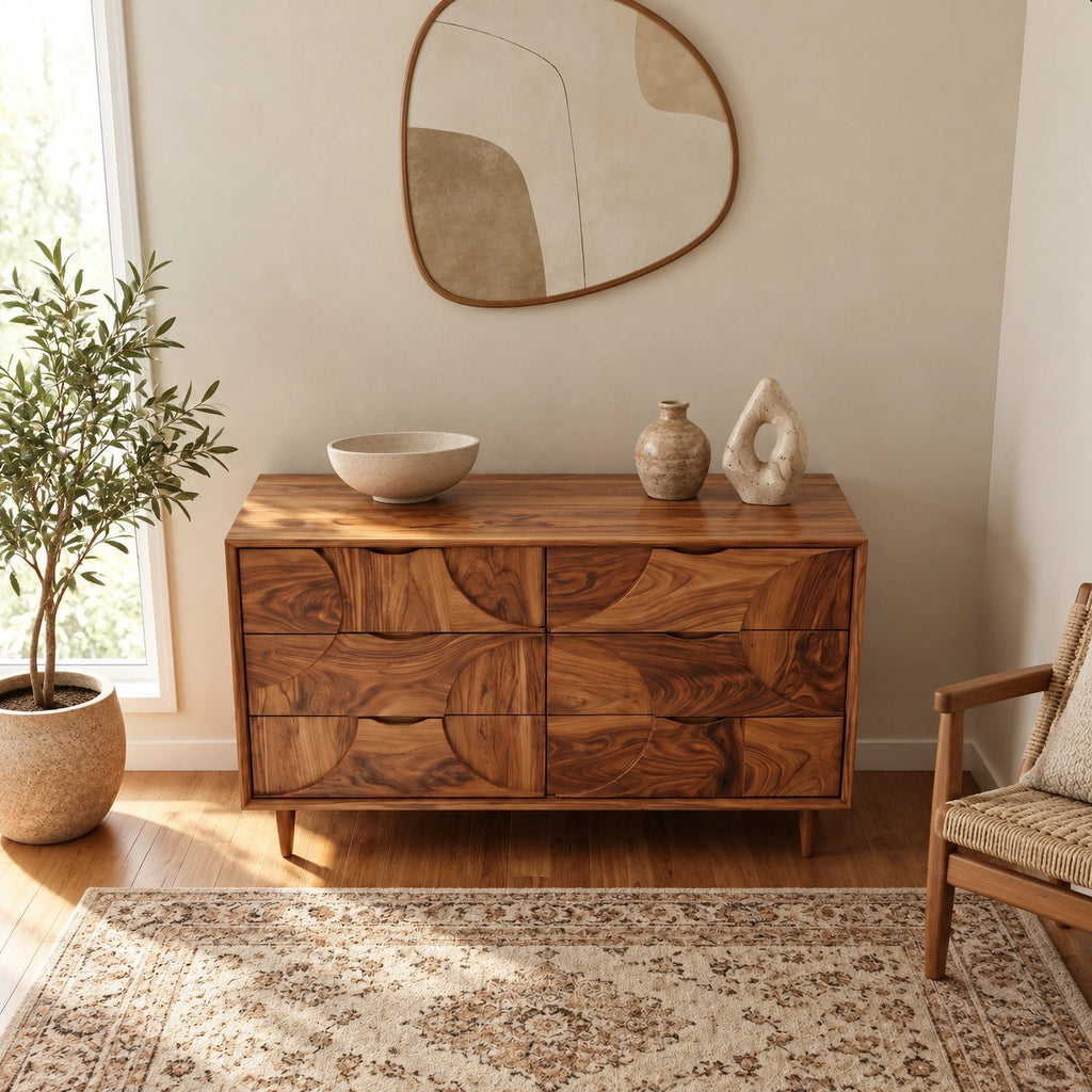 Mid Century Wood Dresser With Interlocking Circle Drawers For Bedroom