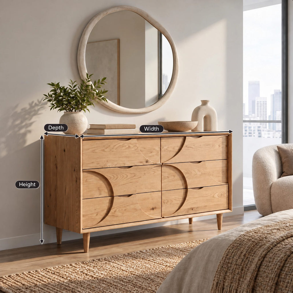 Mid Century Wood Dresser With Interlocking Circle Drawers For Bedroom