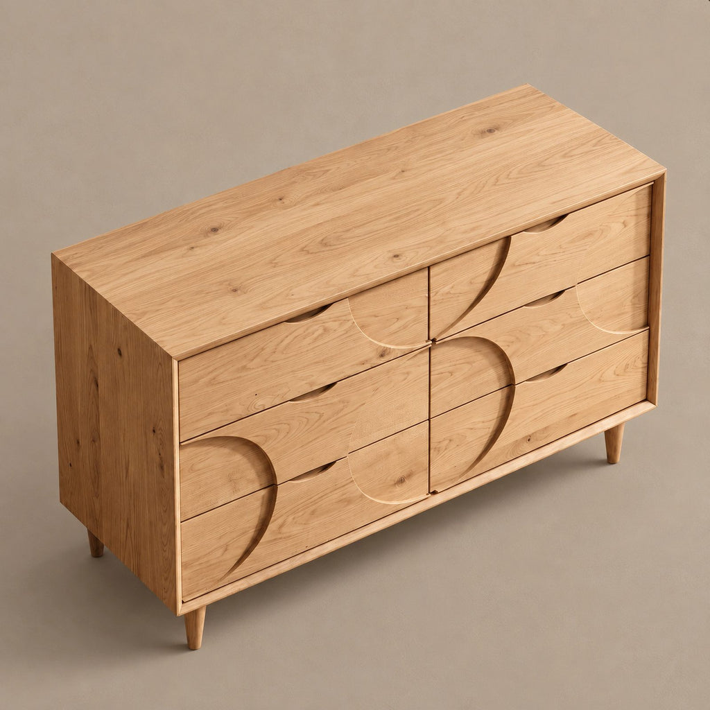 Mid Century Wood Dresser With Interlocking Circle Drawers For Bedroom
