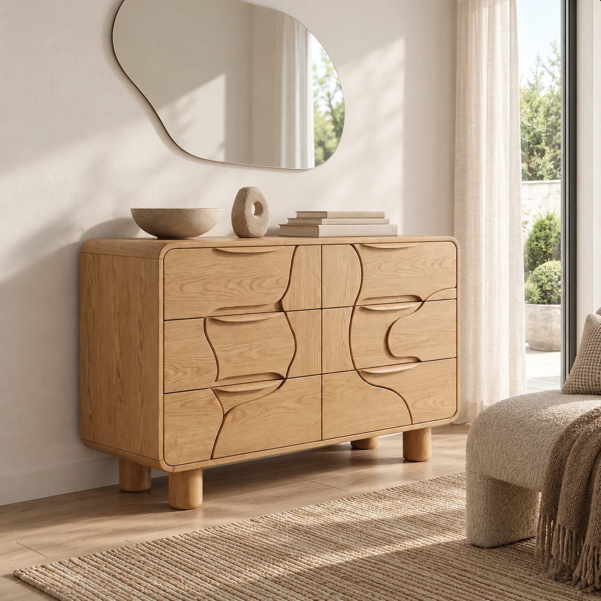 Artisan Carved Wood Dresser With Organic Puzzle Drawer Fronts For Bedroom