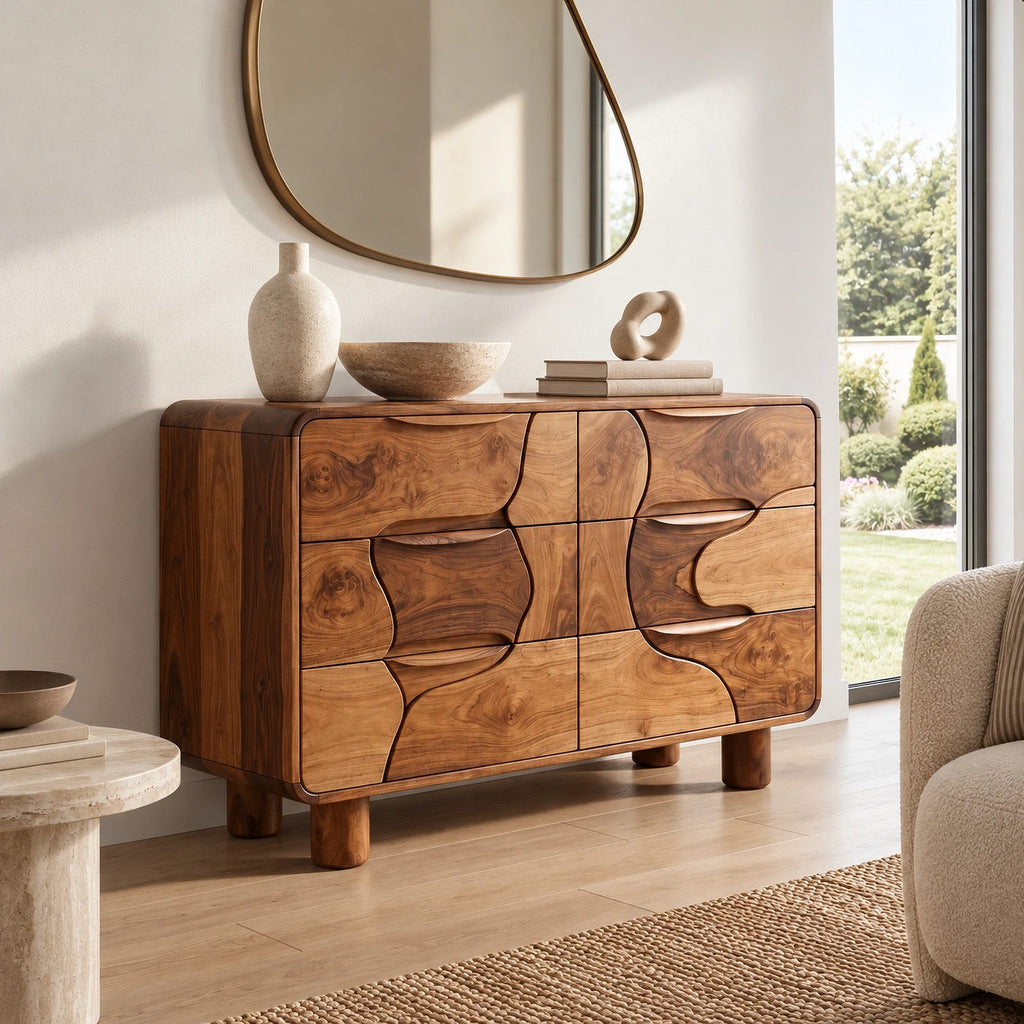 Artisan Carved Wood Dresser With Organic Puzzle Drawer Fronts For Bedroom