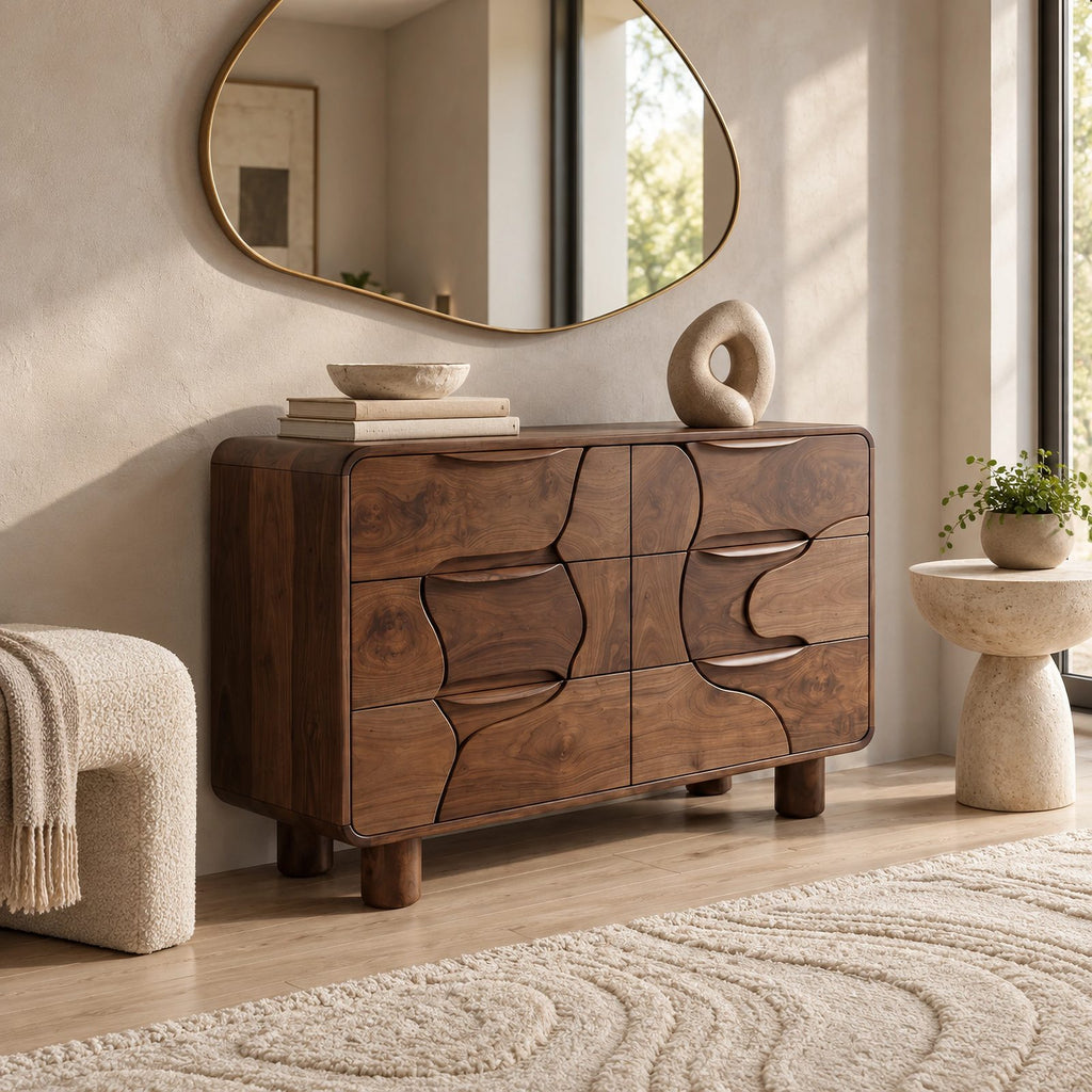 Artisan Carved Wood Dresser With Organic Puzzle Drawer Fronts For Bedroom
