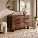 Artisan Carved Wood Dresser With Organic Puzzle Drawer Fronts For Bedroom