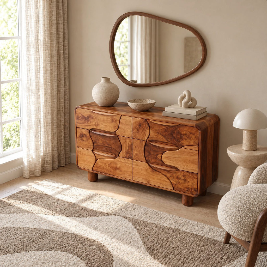 Artisan Carved Wood Dresser With Organic Puzzle Drawer Fronts For Bedroom