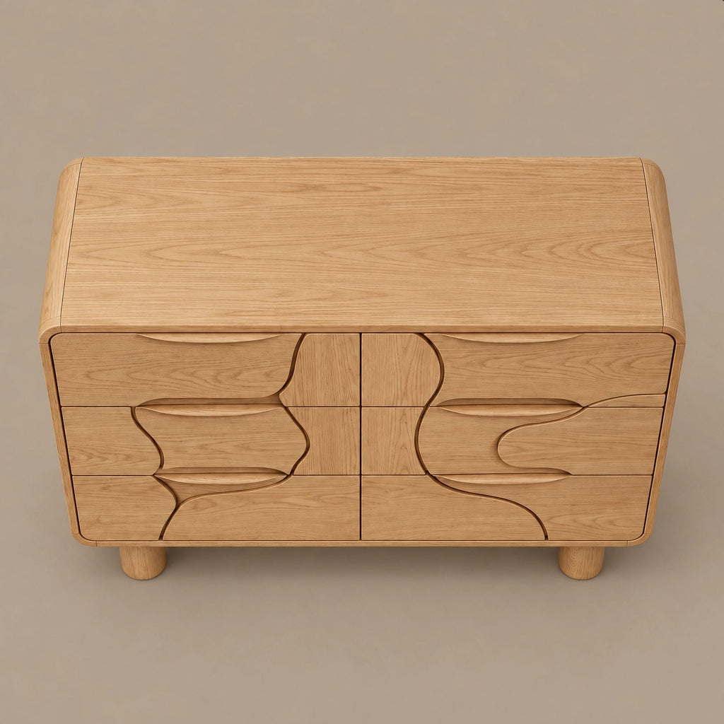 Artisan Carved Wood Dresser With Organic Puzzle Drawer Fronts For Bedroom