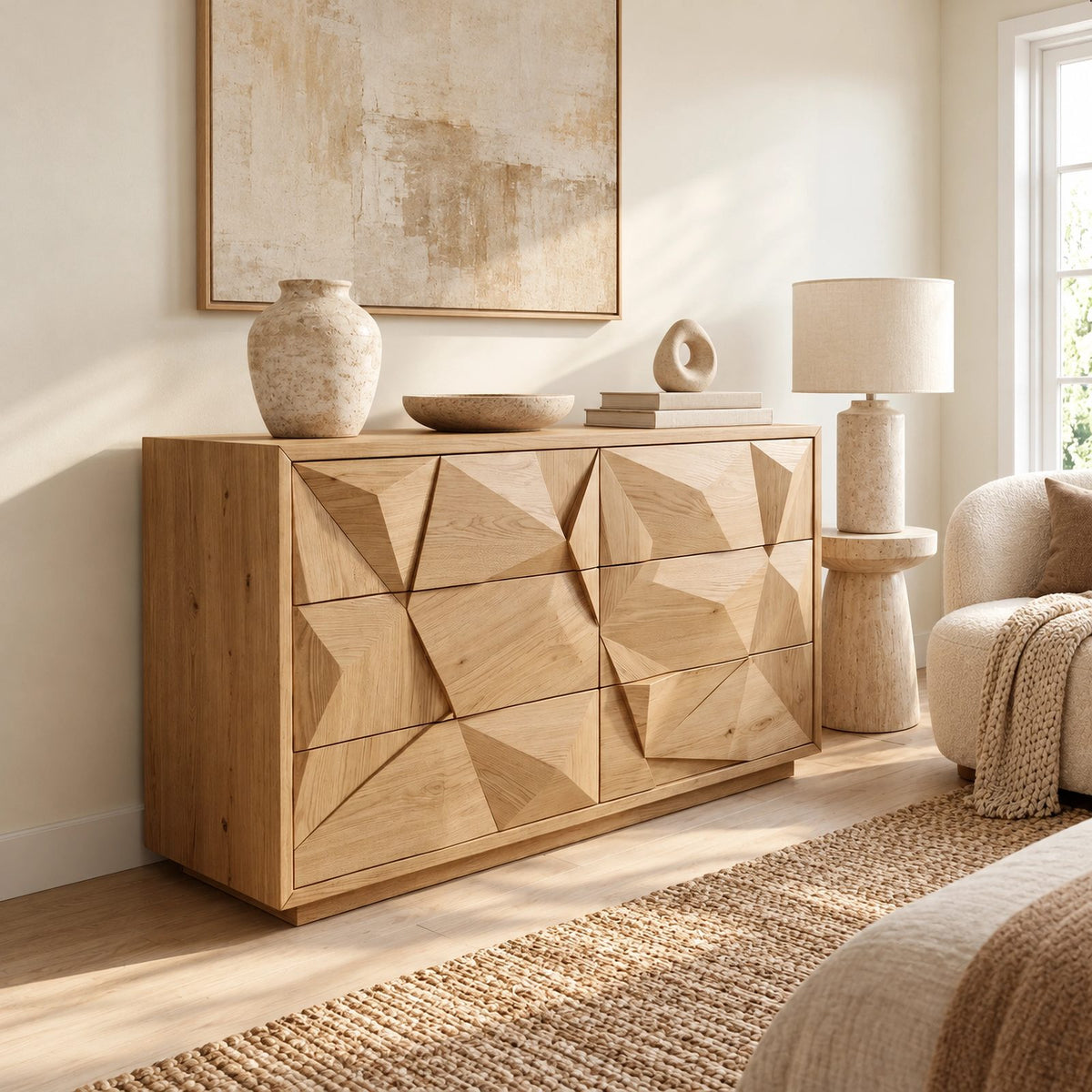 Modern Faceted Wood Dresser With Geometric Drawer Design For Bedroom