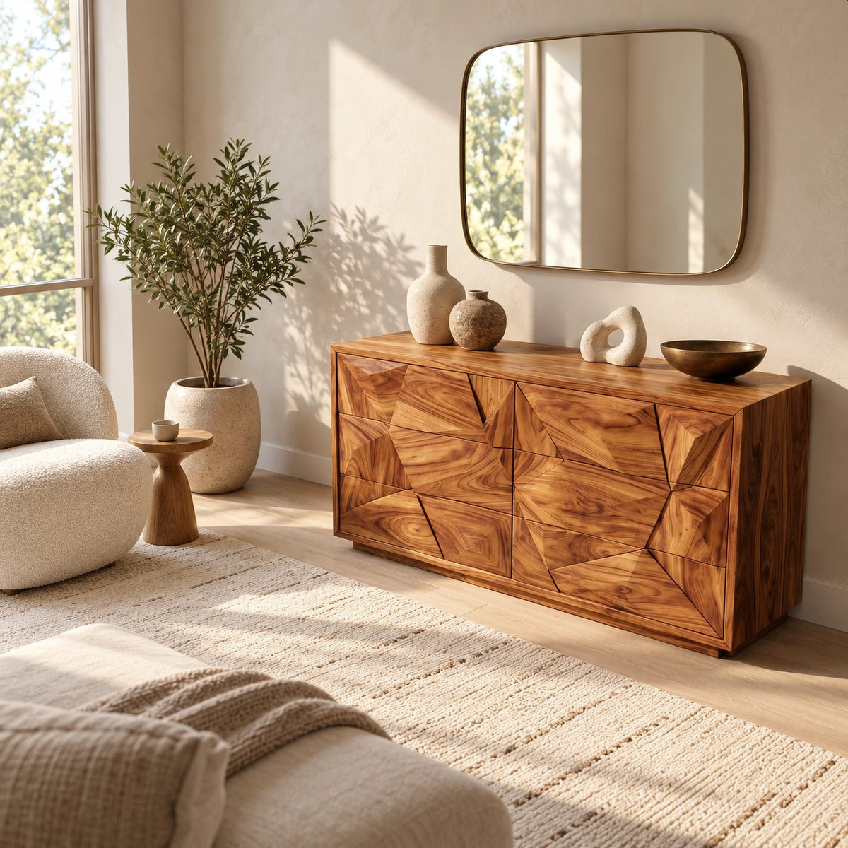 Modern Faceted Wood Dresser With Geometric Drawer Design For Bedroom