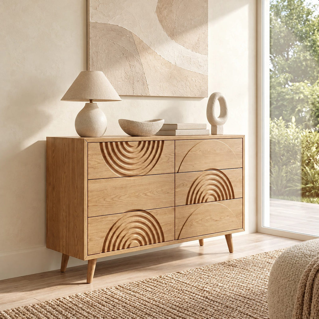Contemporary Wood Dresser With Carved Arc Pattern Drawers For Bedroom